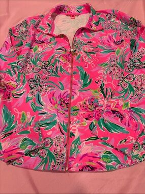 Lilly Pulitzer Leona UPF 50+ Zip Up Jacket Paws For A Cause Pink Floral L